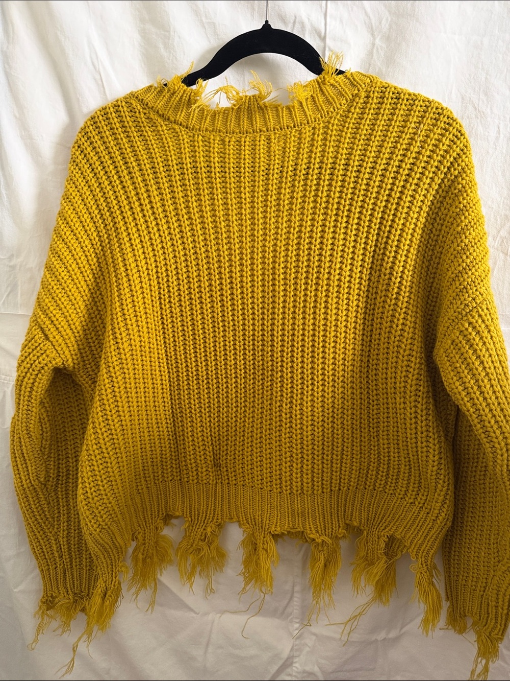Love Tree Mustard Yellow Distressed V-Neck Chunky Knit Sweater - Picture 6 of 6